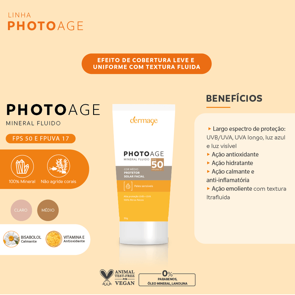 Protetor Solar Mineral Fluido FPS 50 Dermage Proteção e Cor
